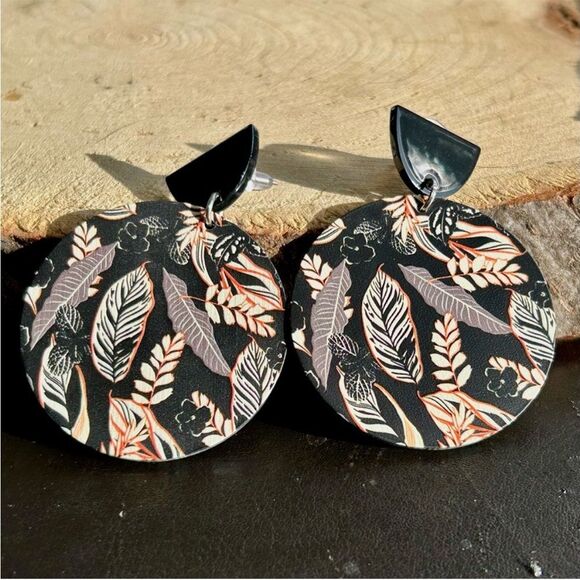 Bohemian Round Floral Plant Resin Hoop Drop Unique Statement Earrings - Picture 2 of 5